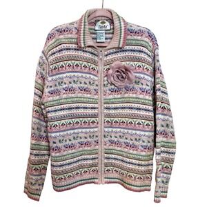 Tiara Pink Floral Knit Fair Isle Granny Zip Cardigan Sweater XL y2k Cottage Cute
